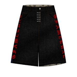 GFAMELUXE “RED SCRIPT LOCK” DENIM JORTS